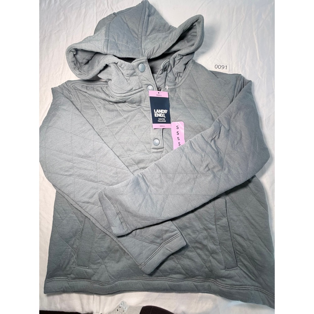 Lands End Quilted Pullover Hoodie Light Blue Snap Neck Sweatshirt Womens Small